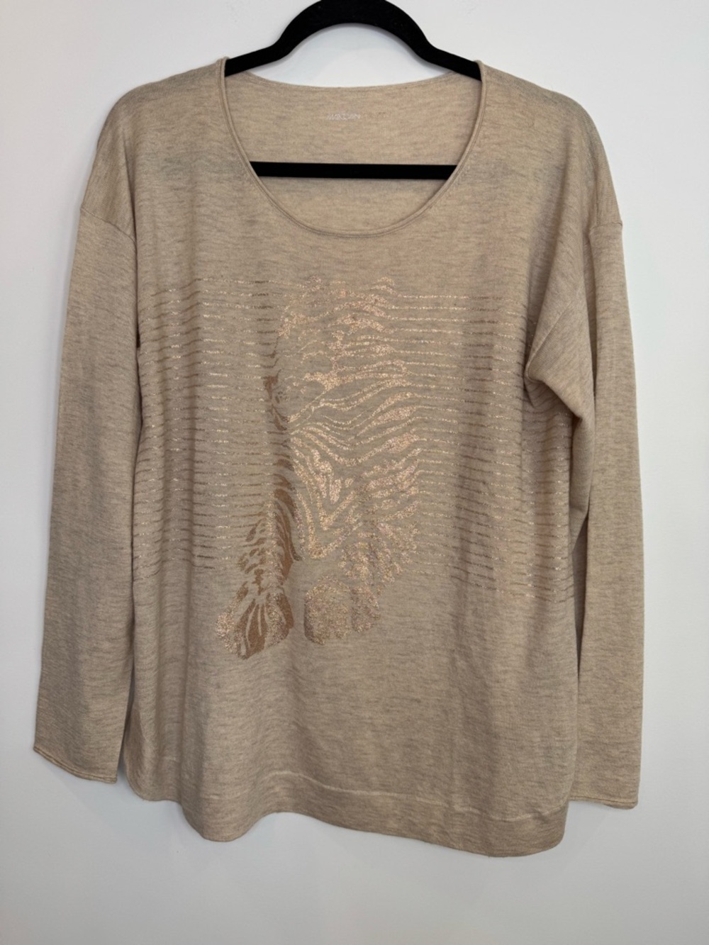 Marc Cain cream Top tiger metallic design Motif wool blend sweater